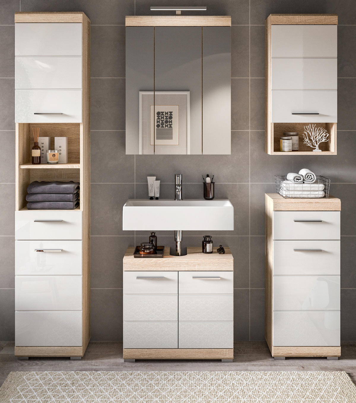 KOMMODE weiß Hochglanz, Eiche 37 cm Badschrank mit Vollauszug - Weiß Hochglanz/Eichefarben, Holzwerkstoff/Kunststoff (37/88/31cm) - Inn.Furn