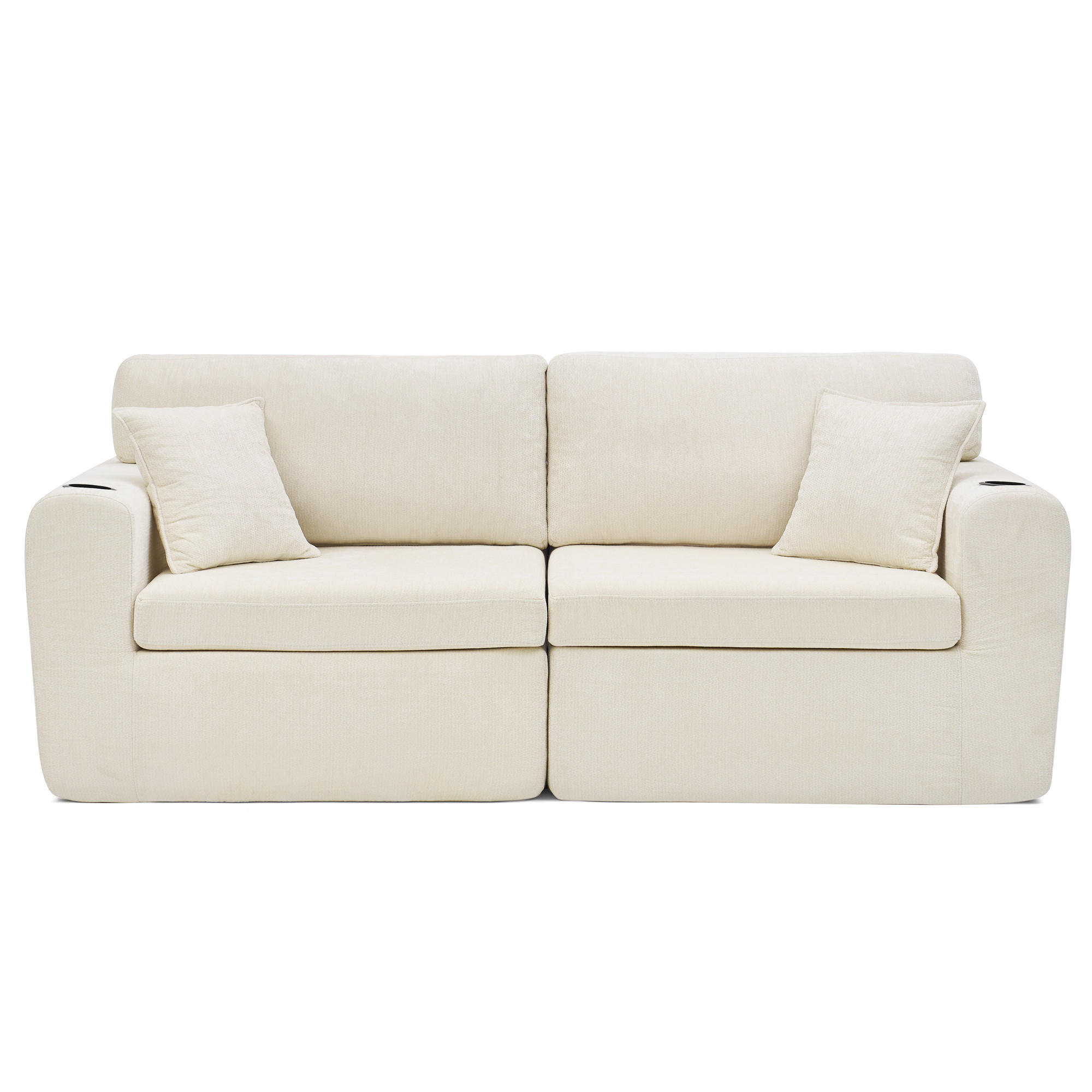 2-SITZER SOFA Chenille Beige mit USB, Kissen, Getränkehalter und Tasche - Beige, Textil (220/89/100cm) - WISHDOR