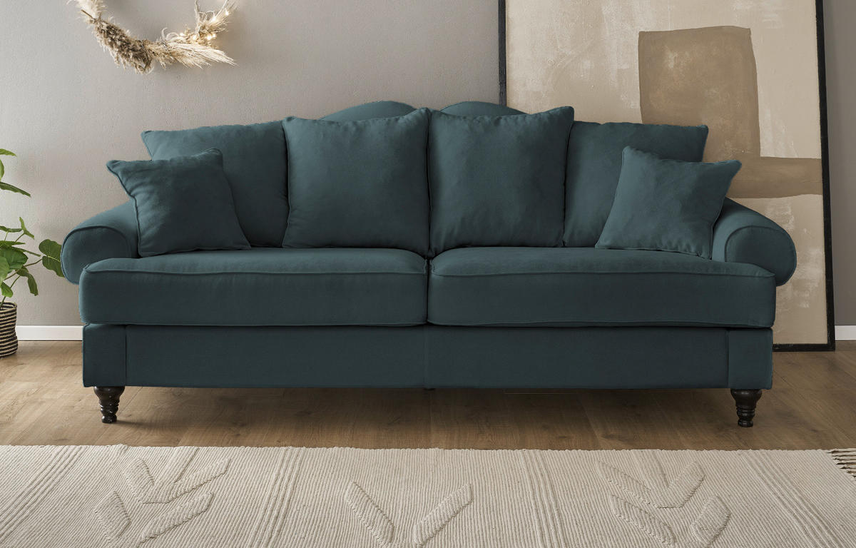 SOFA blaugrün Landhaus, Couch 3,5-Sitzer 230 cm - Dunkelgrün, Holz/Textil (230/95/100cm) - Furn.Design