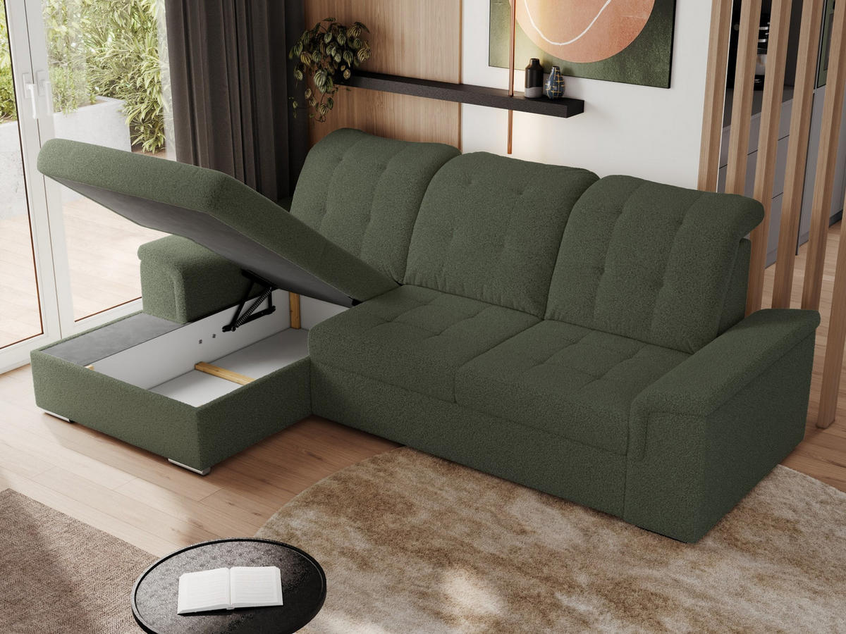 ECKSOFA MADRITO L - Grün Boucle - Links - Silberfarben/Grün, Textil/Metall (160/256cm)