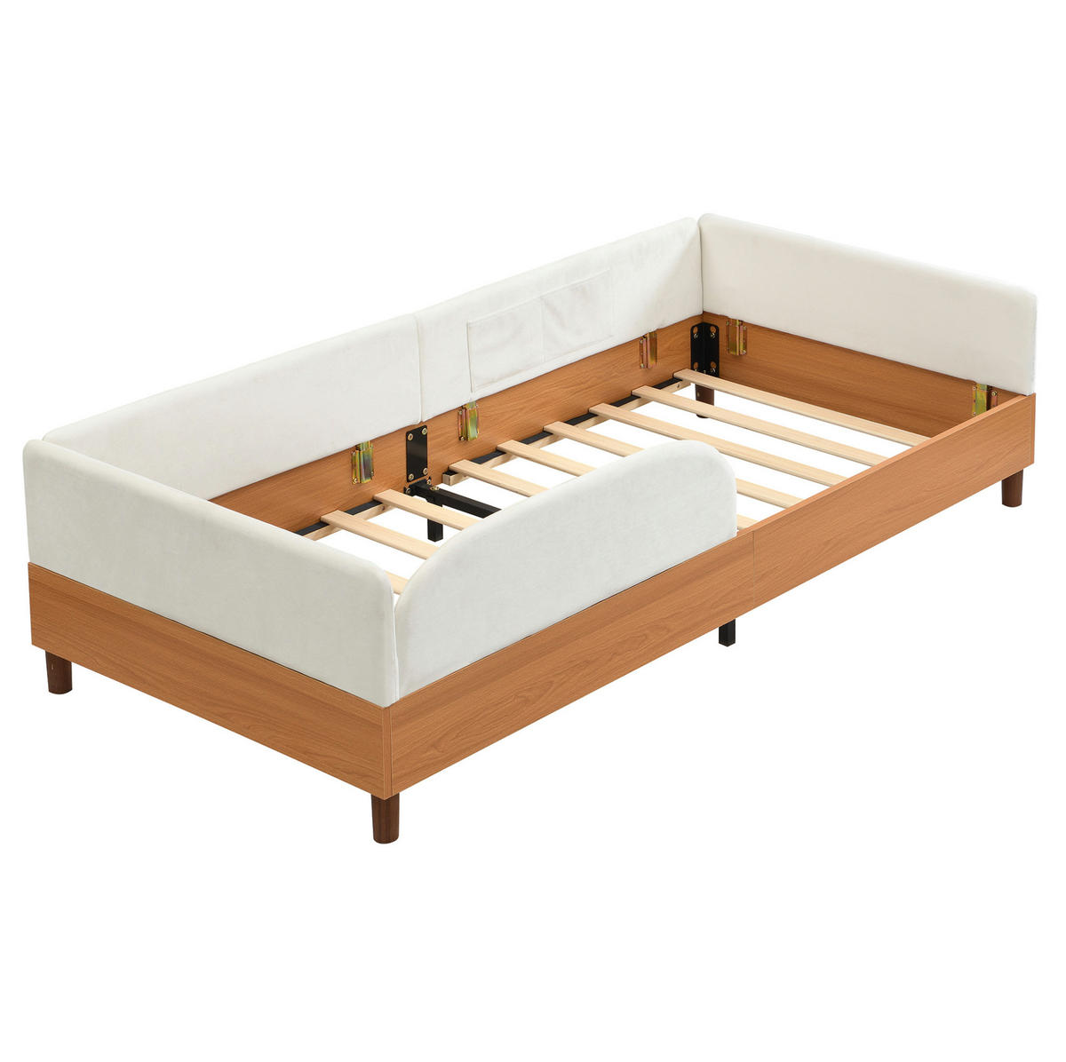 POLSTERBETT 90/200 cm in Weiß mit 2 Stautaschen und umlaufender Polsterung - Naturfarben, Textil (90/200cm) - BEAOK