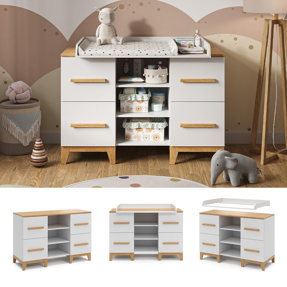 WICKELKOMMODE Malia Weiß 133 x 98 cm XL mit 4 Schubladen - Eichefarben/Weiß, Holzwerkstoff (133/108/70cm) - VitaliSpa