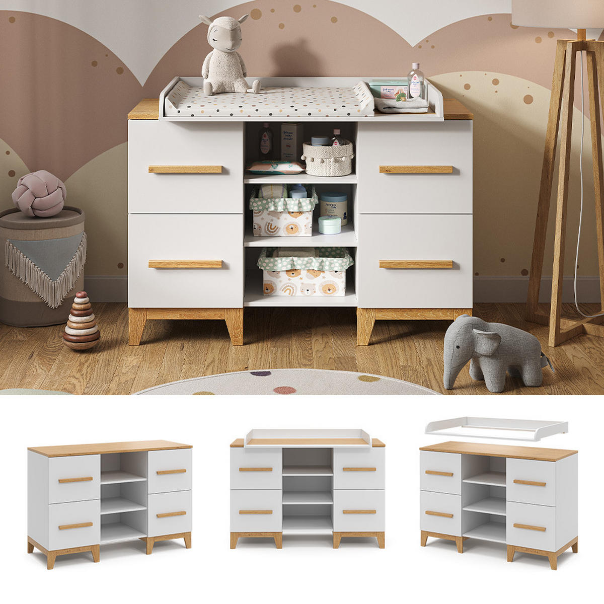 WICKELKOMMODE Malia Weiß 133 x 98 cm XL mit 4 Schubladen - Eichefarben/Weiß, Holzwerkstoff (133/108/70cm) - VitaliSpa