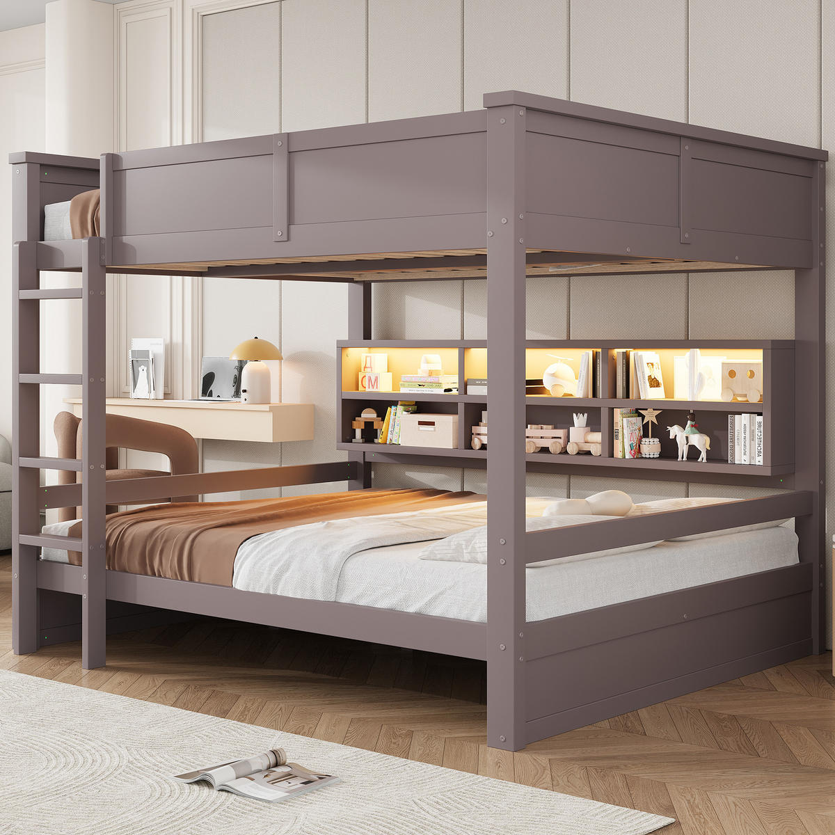 ETAGENBETT 160/200 cm in Braun Kinderbett mit 6 Schränken und LED - Braun, Holzwerkstoff (160/200cm) - STILVORA