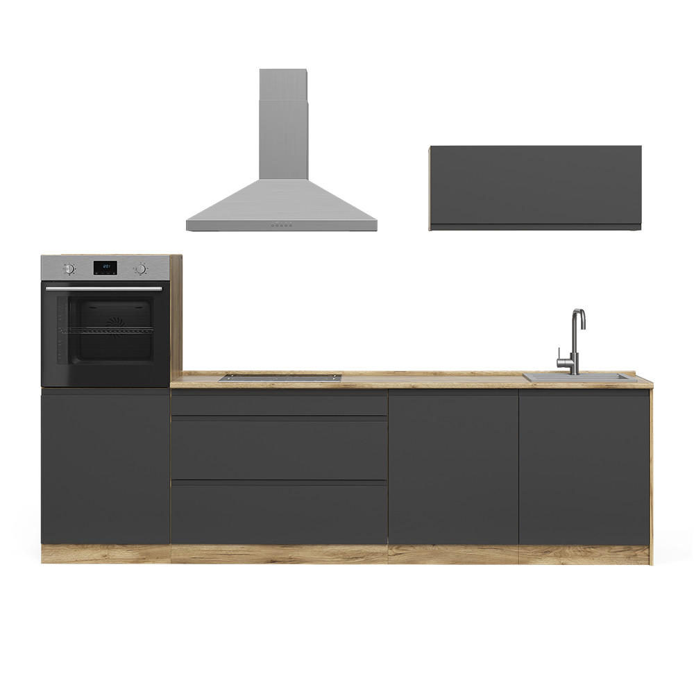 KÜCHENZEILE R-Line, Anthrazit/Goldkraft Eiche, 280 cm Arbeitsplatte Weiß - Eichefarben/Anthrazit, Holzwerkstoff (280/143/60cm) - Vicco