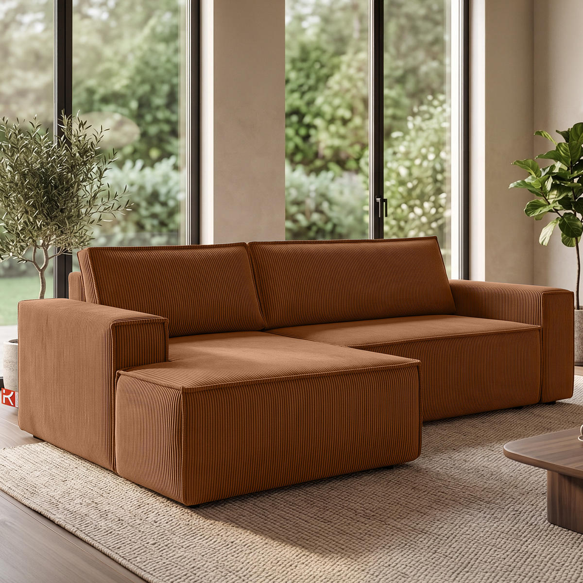 ECKSCHLAFSOFA-LINKS NAPI in Pet Friendly Cord-Stoff, rot - Rot/Schwarz, Textil (262/148cm) - KONSIMO®