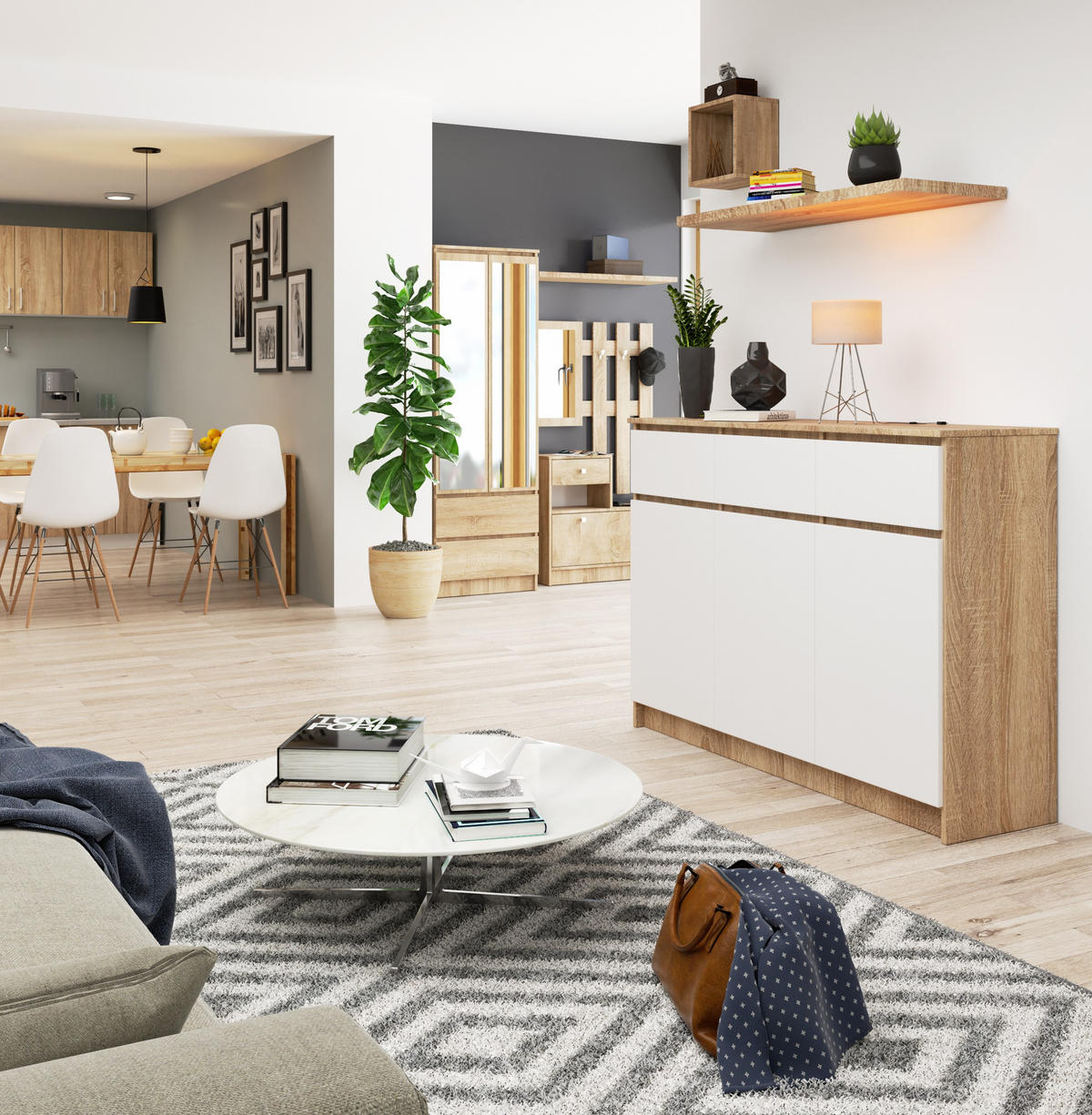 KOMMODE Sonoma Eiche, Weiß 138x40x99 cm - Weiß/Sonoma Eiche, Holzwerkstoff (138/99/40cm) - Akord