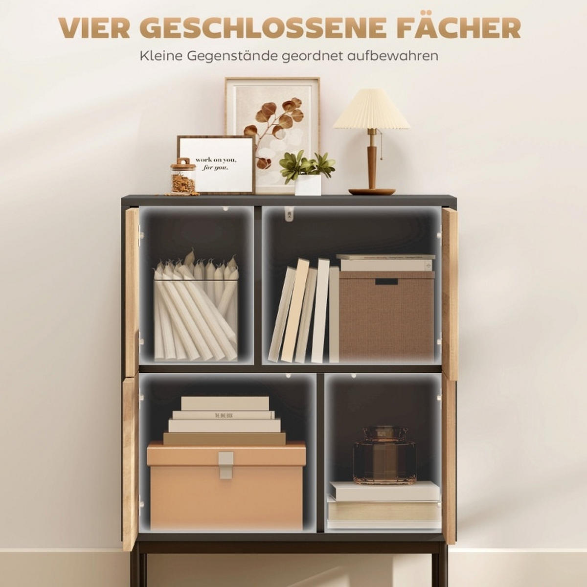 SIDEBOARD aus MDF und Metall 60x35x78 cmSchwarz mit Push-to-open-Funktion und 4 geschlossenen Fächern - Schwarz, Holzwerkstoff (60/78/35cm) - Modfu