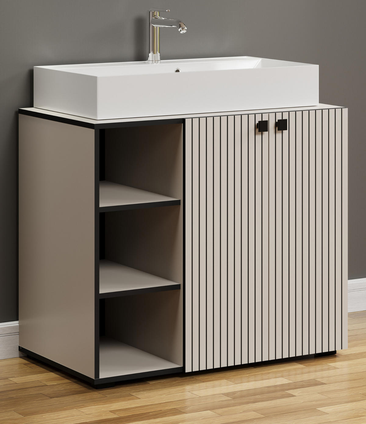 BADMÖBEL-SET Kaschmir, grau 90 x 186 cm 2-teilig, Badkombination in modernem Design - Schwarz/Grau, Glas/Holzwerkstoff (90/80/20cm) - Top.Furn