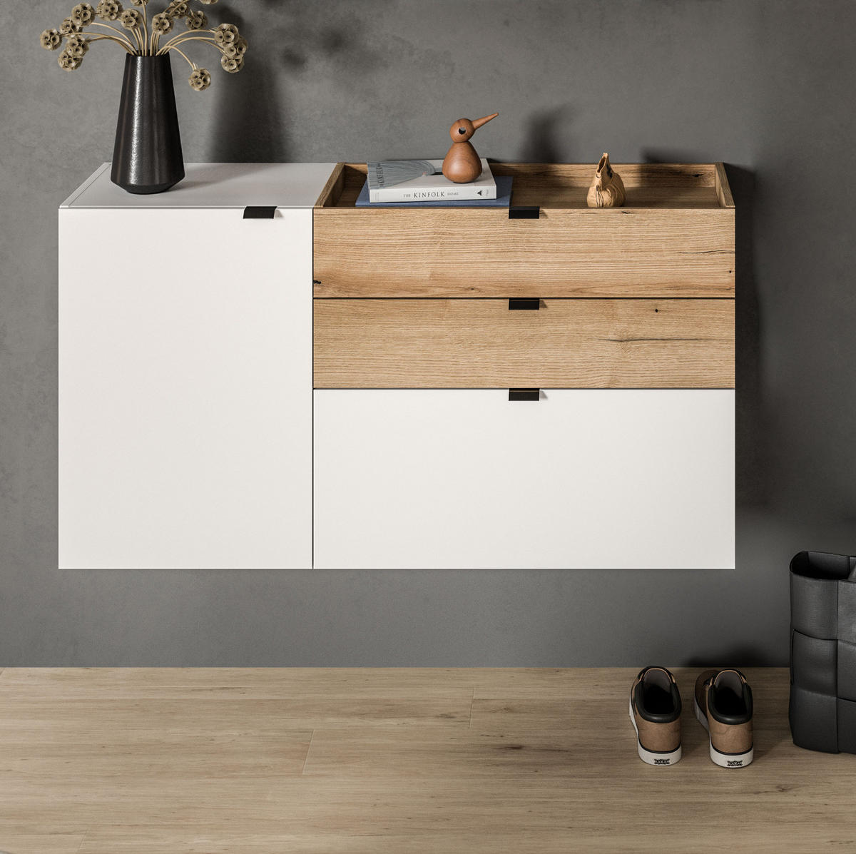 SCHUHSCHRANK weiß, Evoke Eiche 120 cm, Flur Kommode hängend mit Soft-Close - Eichefarben/Schwarz, Holzwerkstoff/Kunststoff (120/64/37cm) - Inn.Furn