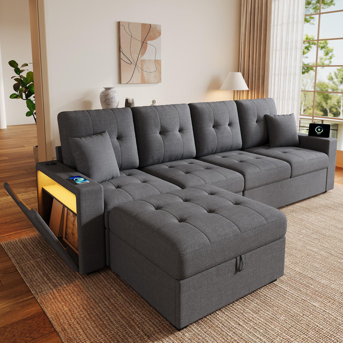 ECKSOFA mit Stauraum Hocker LED USB Type-C 500 kg - Grau, Textil (253/144.5cm) - EVRYAE