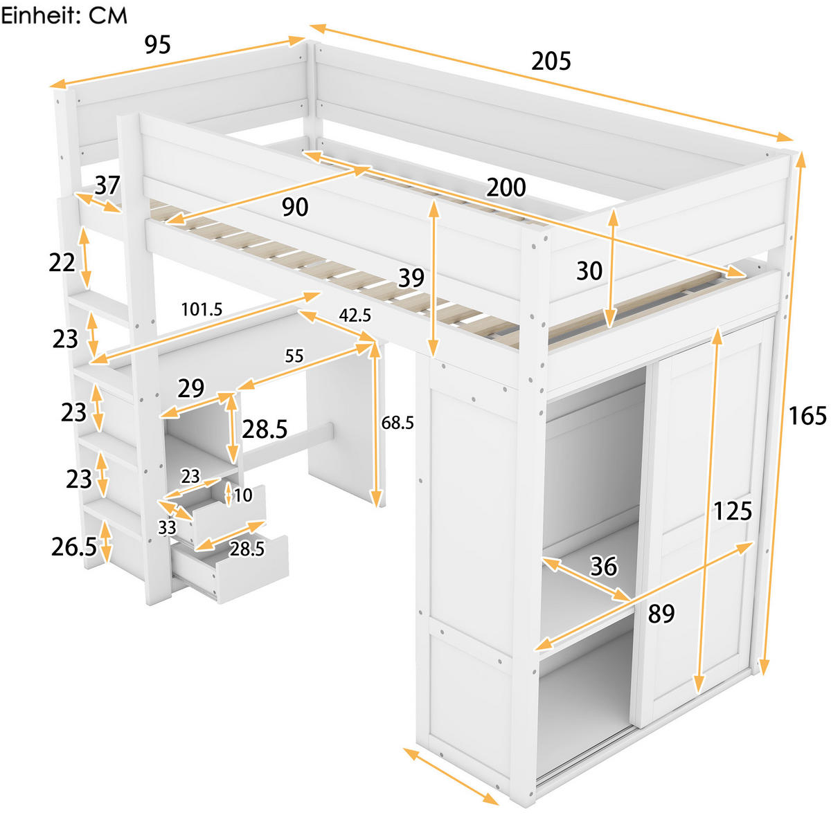HOCHBETT aus Kiefernholz und MDF 90x200 cm Weiß mit Schreibtisch, Kleiderschrank und 2 Schubladen - Weiß, Holzwerkstoff (140/200cm) - Modfu