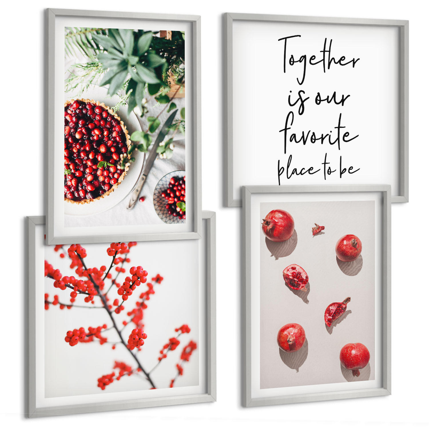 BILDER SET 4er Set - 50x50 cm & 40x60 cm Silberner Rahmen - Minimalismus der roten Früchte von Pflanzen - Silberfarben, Kunststoff (50/50cm) - TULUP