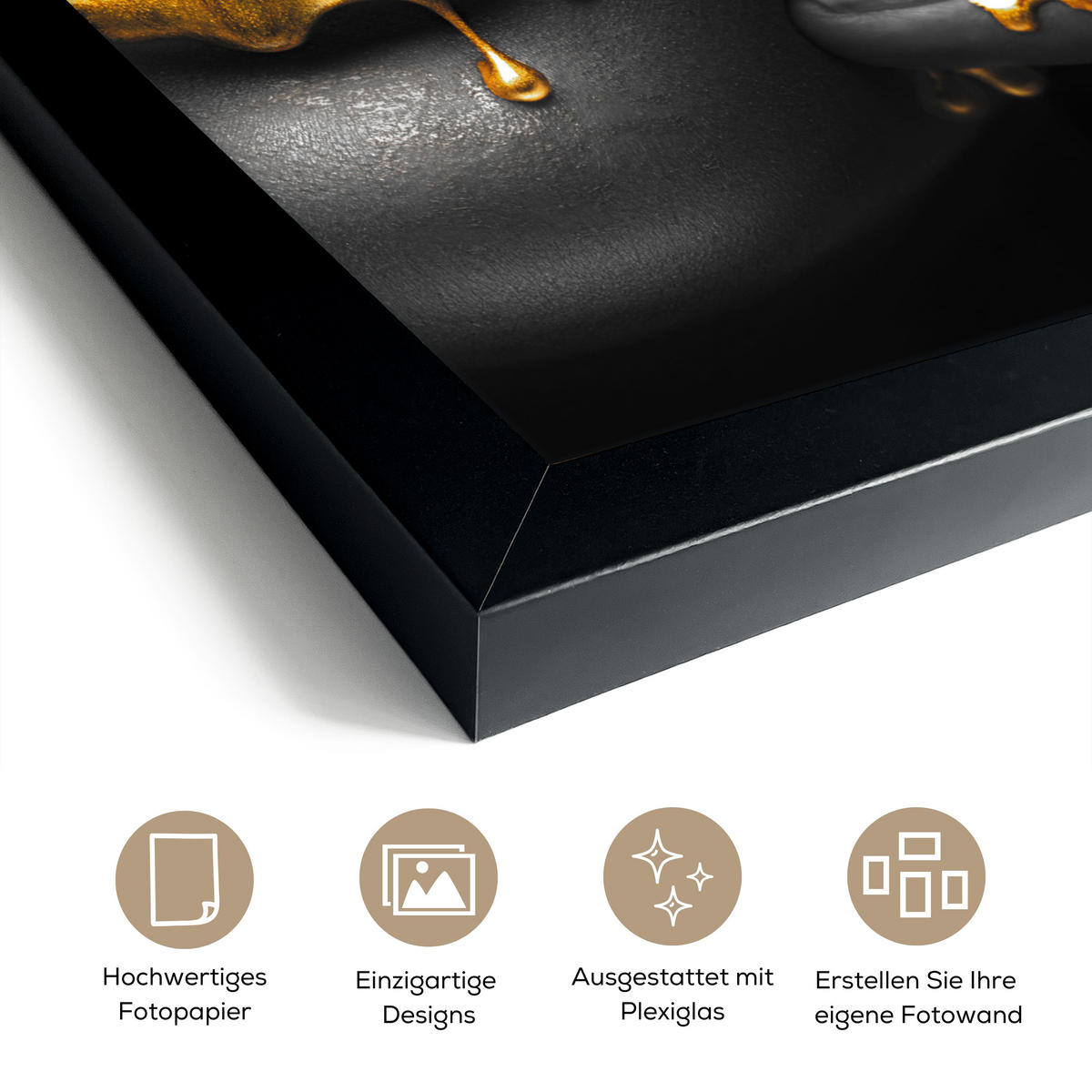 GERAHMTES BILD Frau - Schwarz - Gold - Gesicht - Lippen 20x30 cm - Goldfarben, Papier (20/30cm) - MuchoWow