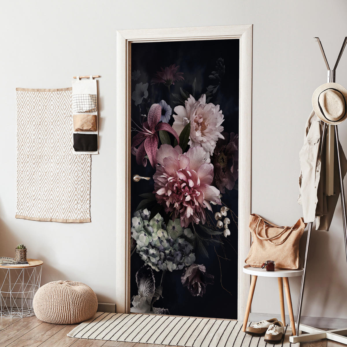 TÜRAUFKLEBER Blumen - Vintage - Pastell - Rosa - Weiß 90x215 cm - Türtapete - Altrosa, Kunststoff (90/0.1cm) - MuchoWow