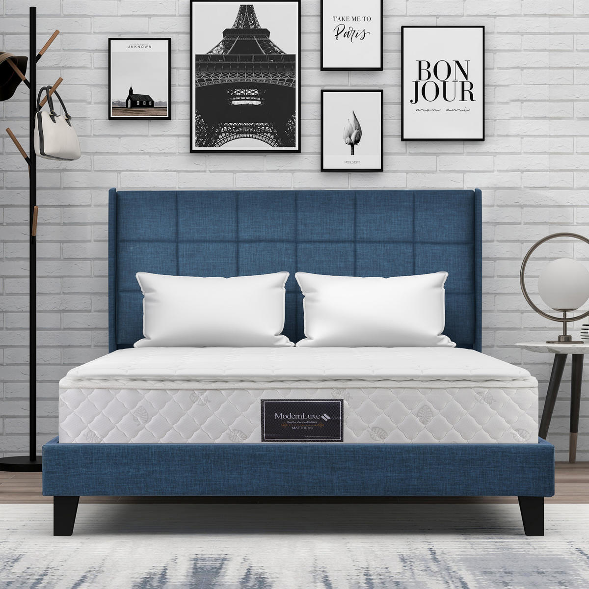 POLSTERBETT 140/200 cm Blau aus Leinen mit Matratze und Lattenrost - Blau, Textil (140/200cm) - OKMYHOME