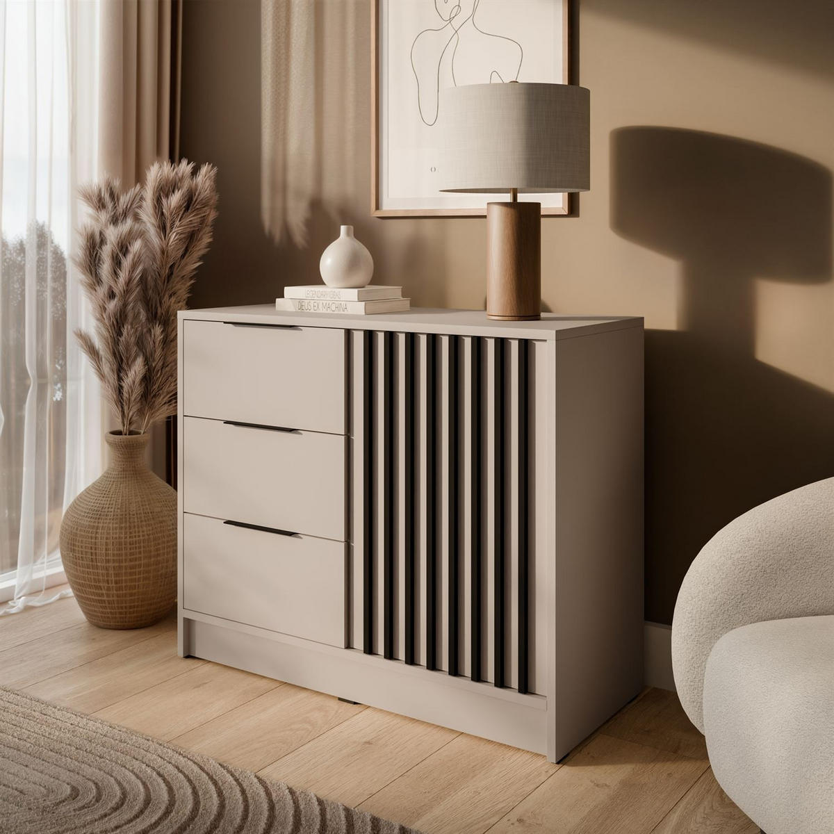 KOMMODE NELA mit Lamellen, Kaschmir/Schwarz - Kaschmir, Holzwerkstoff (105/86/45cm) - Lookway