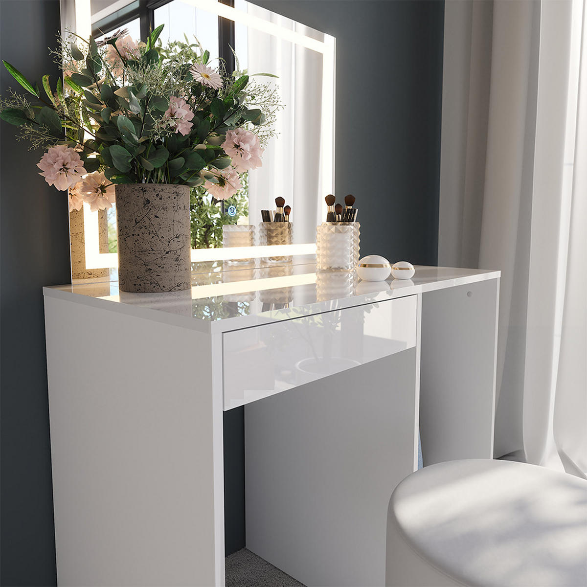 SCHMINKTISCH Sherry Weiß/Weiß Hochglanz 89.8 cm mit LED-Spiegel und Hocker - Weiß Hochglanz, Holzwerkstoff (89.8/76/50.1cm) - Vicco