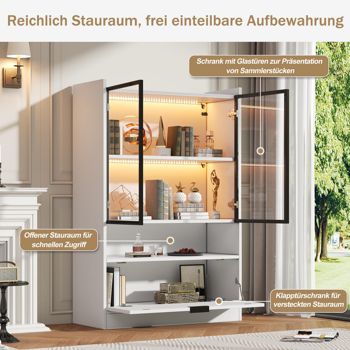 VITRINE LED Matt Glasvitrine Klapptür 120cm Weiß Standvitrine - Weiß, Holzwerkstoff (80/120/35cm) - FLIEKS