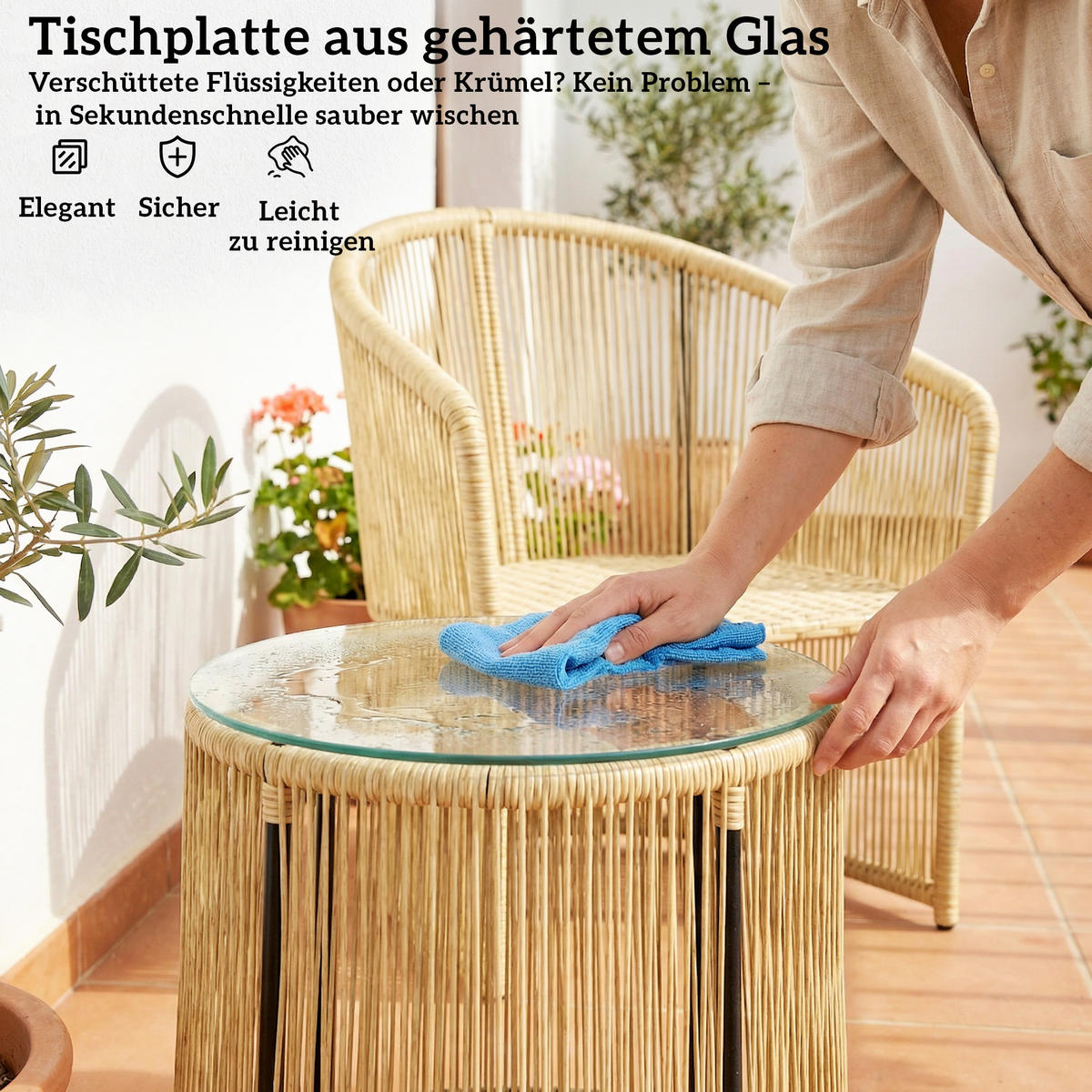 RATTAN-BISTRO-SET PE-Rattan Cremeweiß - Transparent/Creme, Kunststoff/Textil - Outsunny