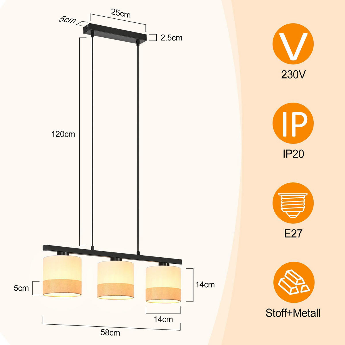 PENDELLEUCHTE BAYREUTH Ⅲ 25/5/120 cm - Weiß, Metall (25/5/120cm) - Nettlife
