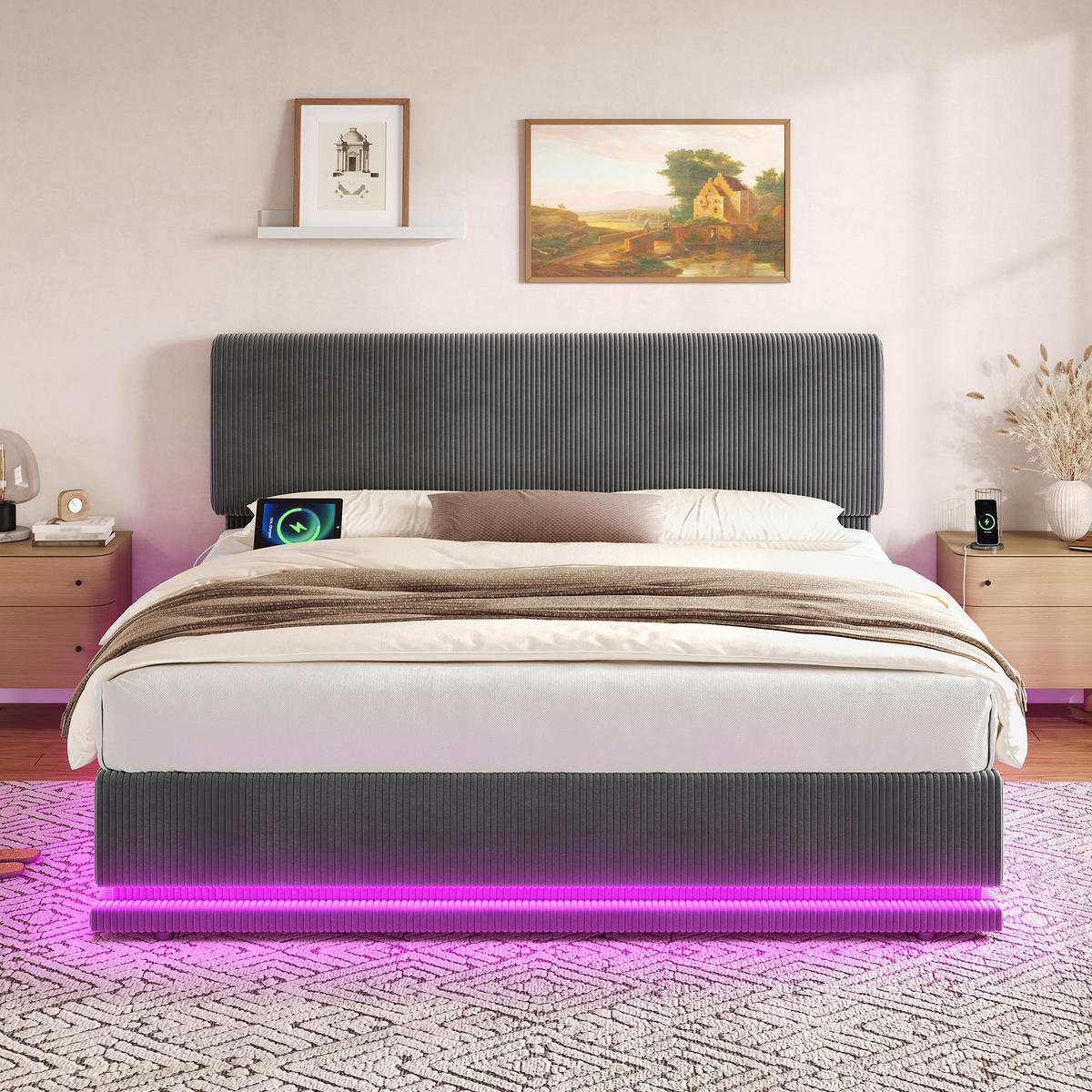 POLSTERBETT 180/200 cm mit LED-Beleuchtung, USB-C-Anschluss, verstellbarem Kopfteil und Bettkasten, Dunkelgrau - Dunkelgrau, Textil (180/200cm) - Redom