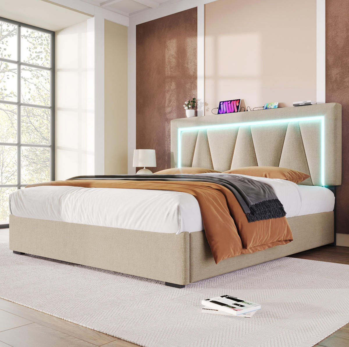 POLSTERBETT 140/200 cm Beige mit höhenverstellbarem Kopfteil und LED-Beleuchtung - Beige, Textil (140/200cm) - OKWISH