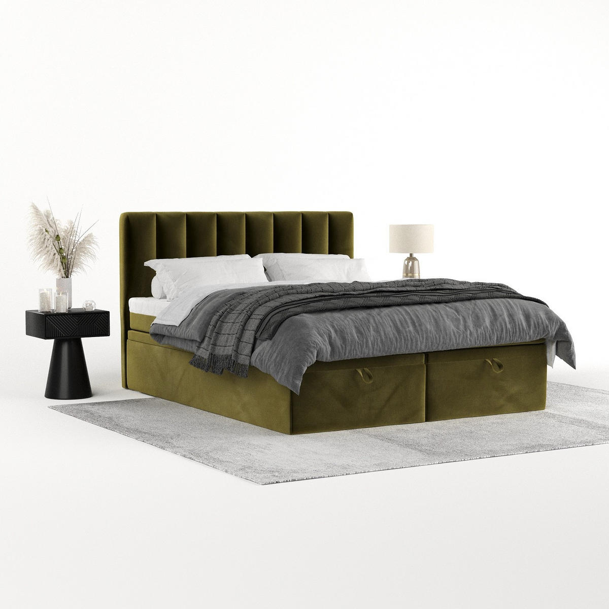 BOXBETT Lume 200/200 cm Olivgrün im Kronos Stoff - Schwarz/Olivgrün, Holz/Holzwerkstoff (200/200cm) - AltaBeds