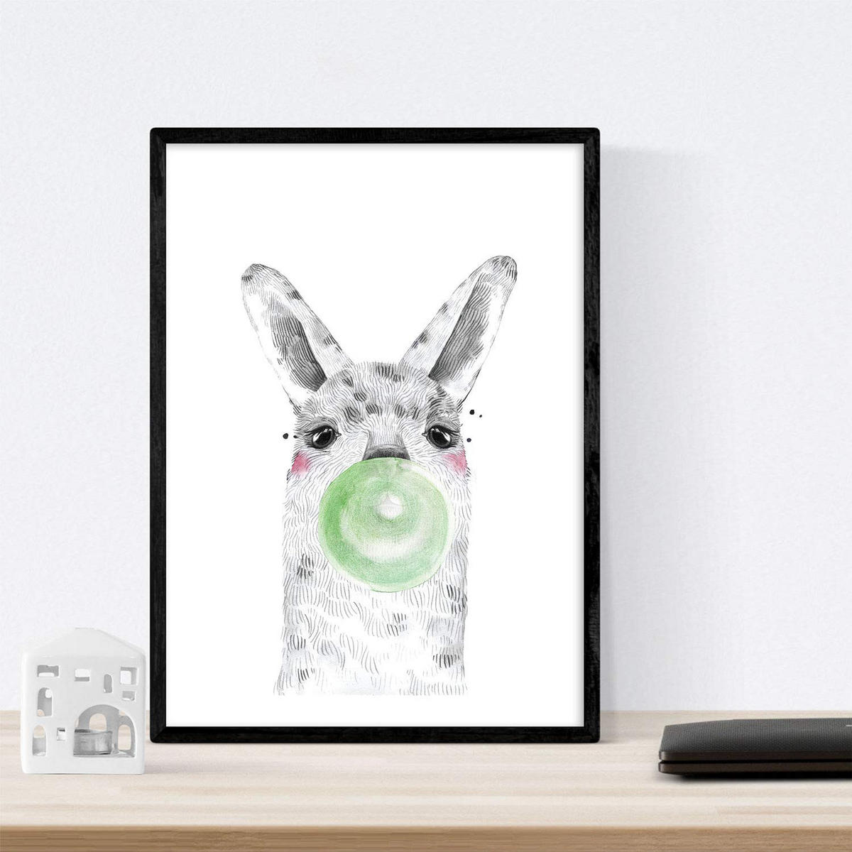 POSTER Set Mit 6 Tiere Babys Mit Kaugummi Girafa Schweinefleisch Kuh Zorro Bär Flamme A4 Schwarzer Rahmen - Schwarz, Papier (29/3cm) - Nacnic