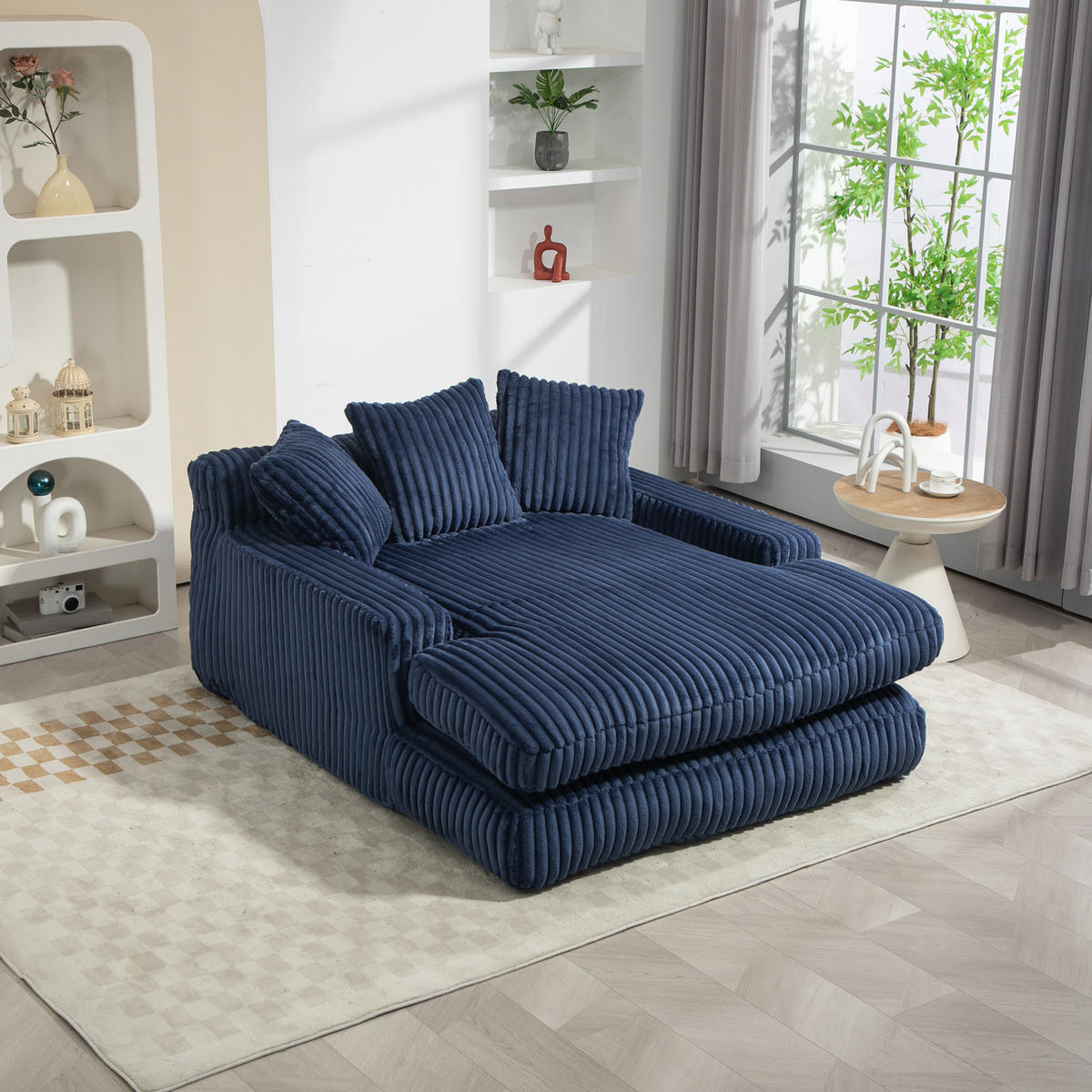 BIGSOFA 125/155/63 cm in Marineblau aus Cord mit Chaiselongue-Charakter - Dunkelblau, Textil (63/125/155cm) - BEAOK