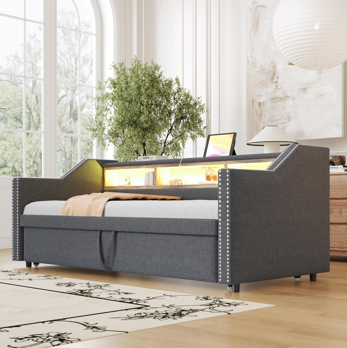 SCHLAFSOFA aus Leinenstoff 90/180x190 cm Dunkelgrau mit Ausziehbett, LED und USB-Anschluss - Dunkelgrau, Textil (90/190cm) - IVMEU