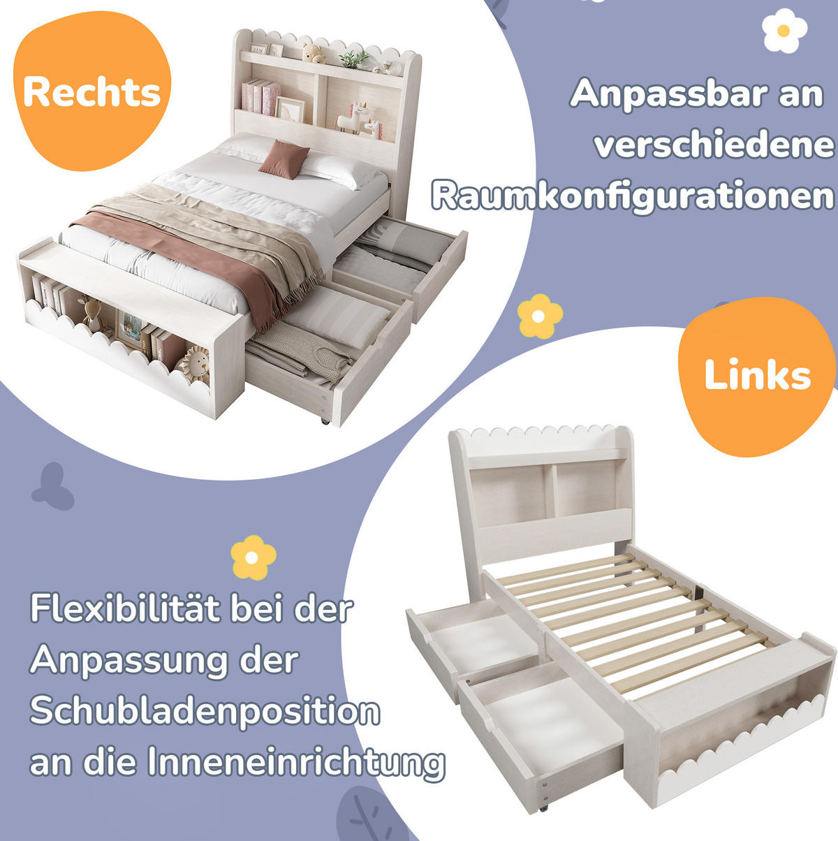 KINDERBETT 90/200 cm mit 2 Schubladen, Regal, Sitzbank mit Stauraum und Lattenrost aus Massivholz und MDF, Weiß/Eichefarben - Weiß, Holzwerkstoff - Redom