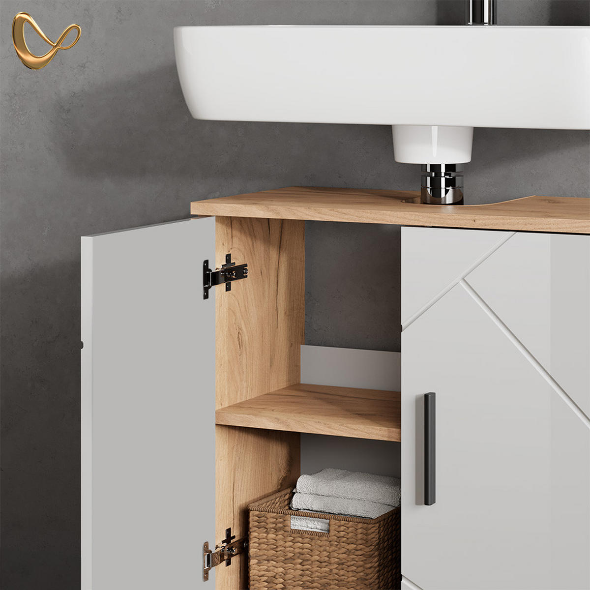 BADMÖBEL-SET Ronco Weiß Hochglanz/Goldkraft Eiche 2 Teile, Unterschrank 60 cm - Weiß Hochglanz/Eiche Wotan, Holzwerkstoff (60/59/30cm) - Livinity®