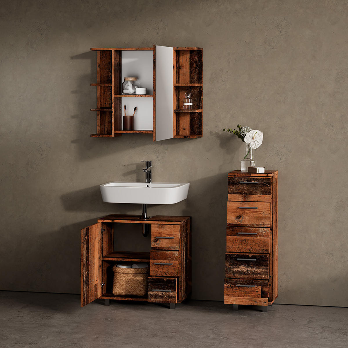 WASCHBECKENUNTERSCHRANK Eisak Eiche rustikal 60 x 60 cm mit Tür und 3 Schubladen - Wildeiche, Holzwerkstoff (60/60/33cm) - Livinity®
