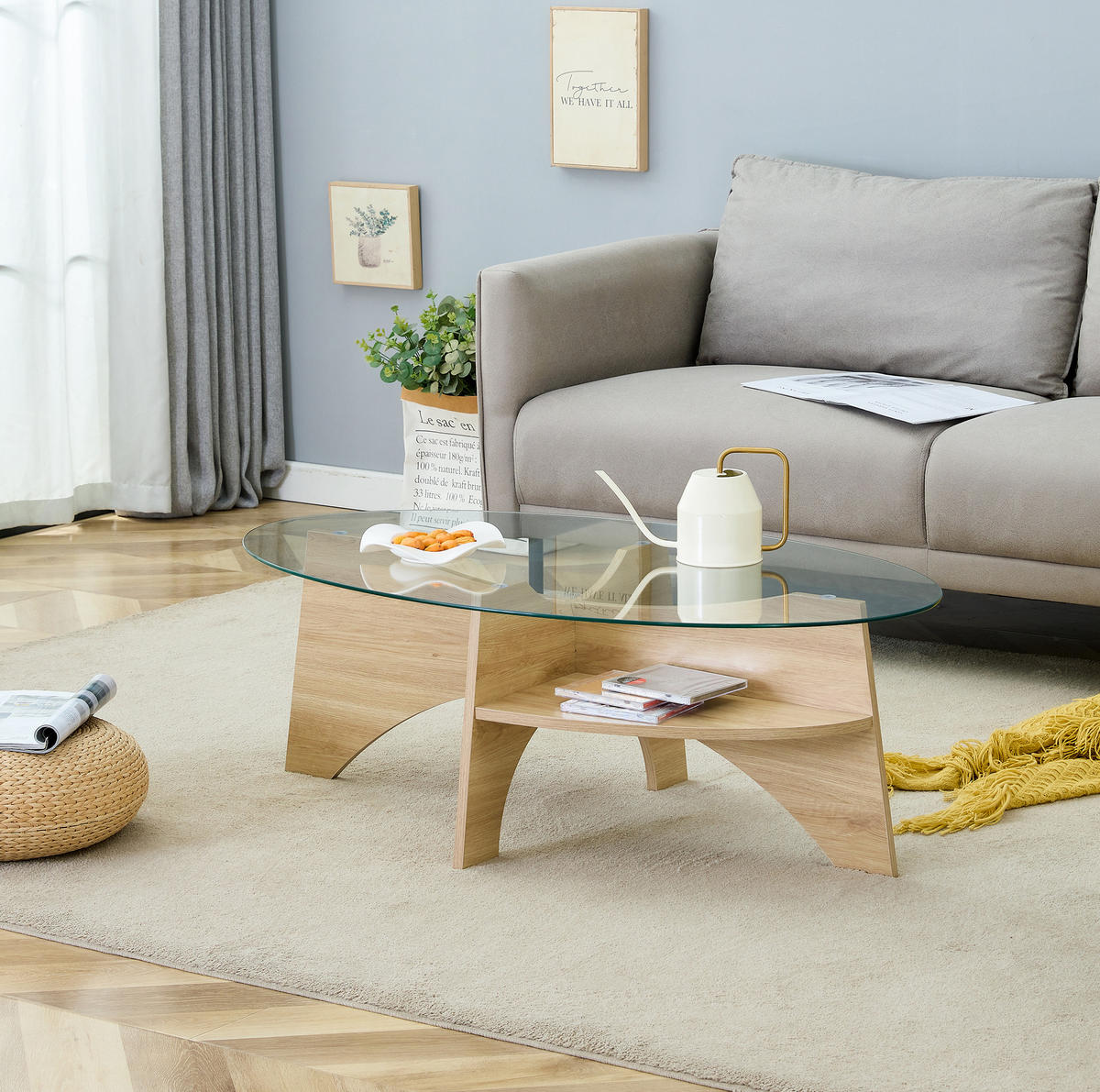 COUCHTISCH 104.9/60 cm Transparent/Holz aus MDF und Sicherheitsglas mit Ablage - Transparent, Glas (104.9/60/35.6cm) - OKMYHOME