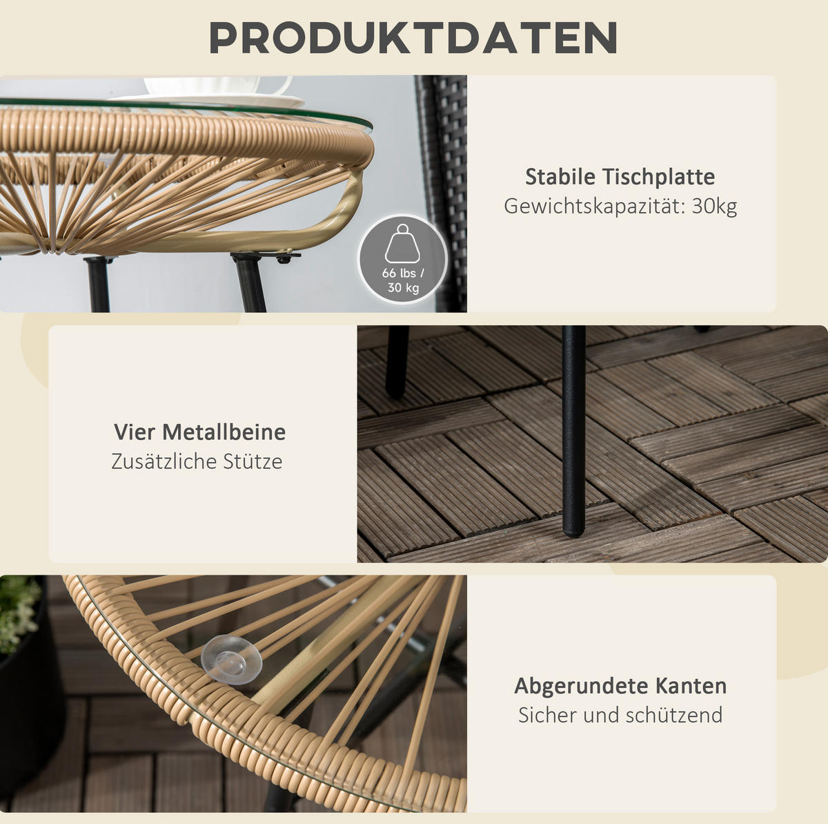 GARTENTISCH aus Rattan 50x50x50 cm Beige mit Glasplatte - Beige, Glas (50/50/50cm) - Modfu