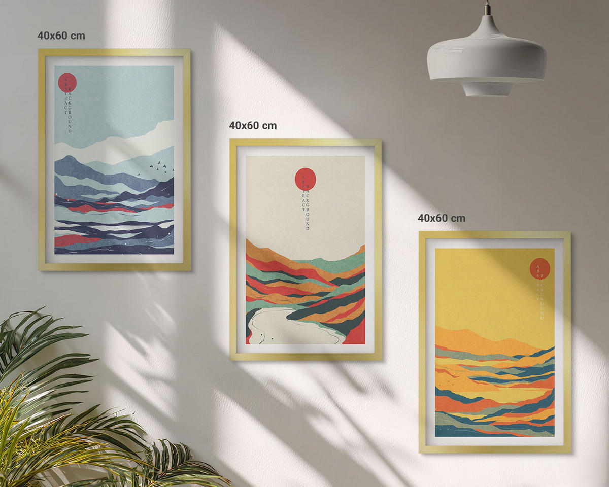 BILDER SET 3er Set - 40x60 cm Goldrahmen - Abstraktion von farbenfrohen Bergen und Flüssen - Goldfarben, Kunststoff (40/60cm) - TULUP