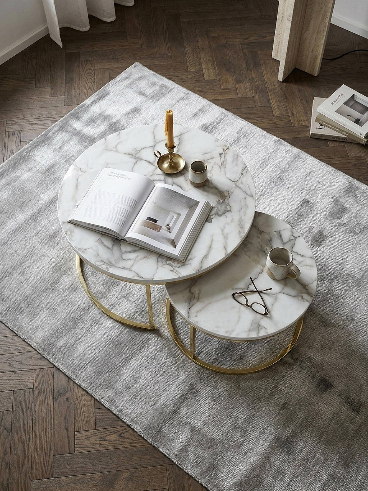 COUCHTISCH 2er Set Marmoroptik Metall Eichenholz Ineinanderschiebbar, Gold 80x80x36 cm - Goldfarben, Holz/Metall (80/80/36cm) - KADIMA DESIGN