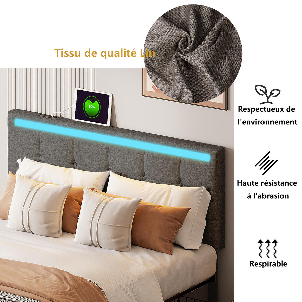 POLSTERBETT 140x200 cm LED USB 4 Schubladen Stauraum Leinen grau - Grau, Holz (140/200cm) - LEBENLANG