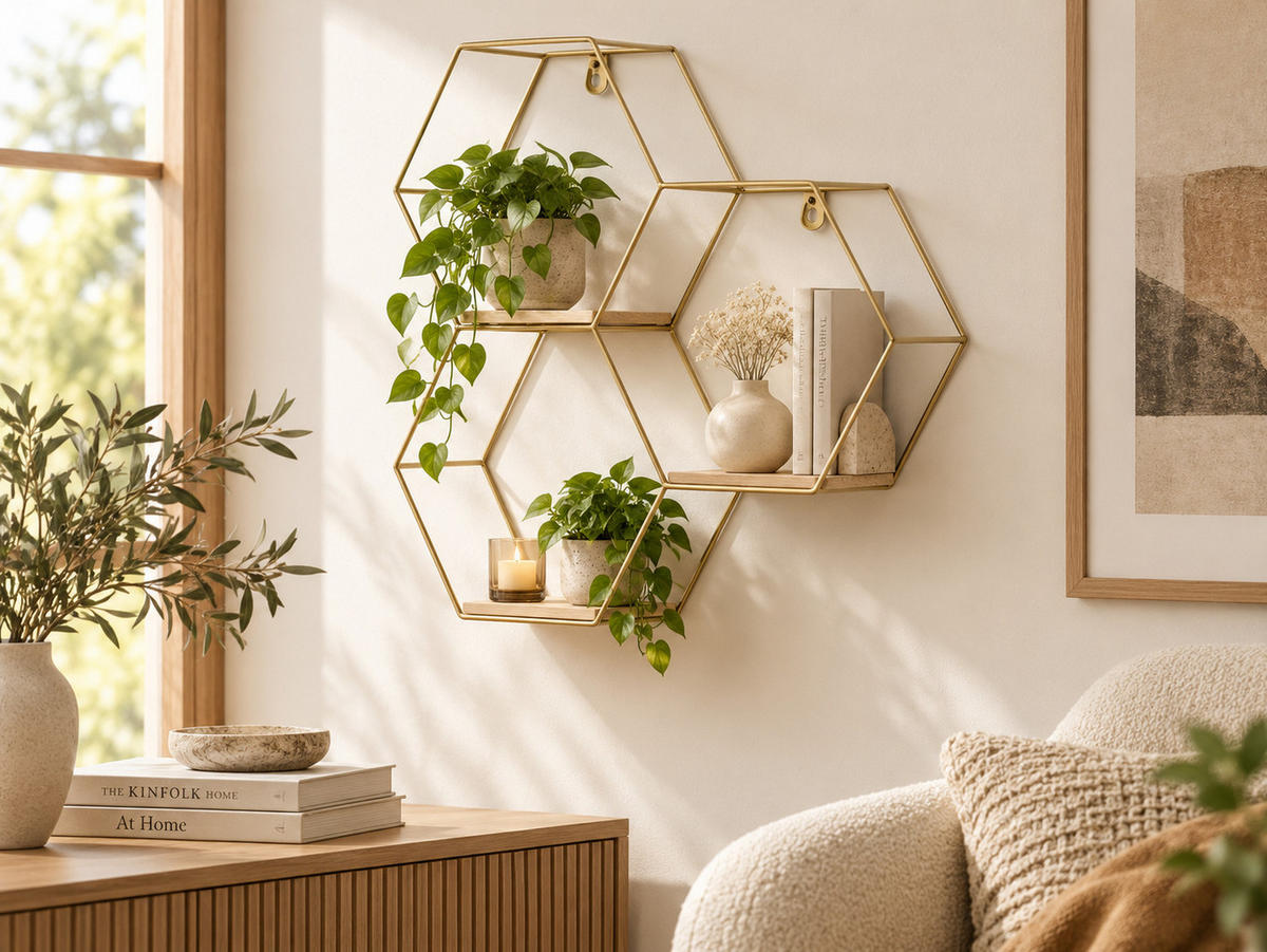 WANDREGAL Dreifaches sechseckiges aus Metall - 40,5 x 41 cm - Gold - Goldfarben, Metall (41/40.5/10.5cm) - IVOL
