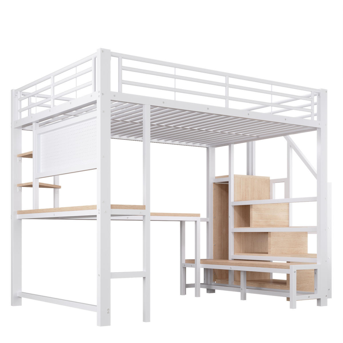 HOCHBETT 140/200 cm Weiß mit Schreibtisch, trapezförmiger Schrank und LED-Beleuchtung - Weiß, Metall (140/200cm) - Oxeza