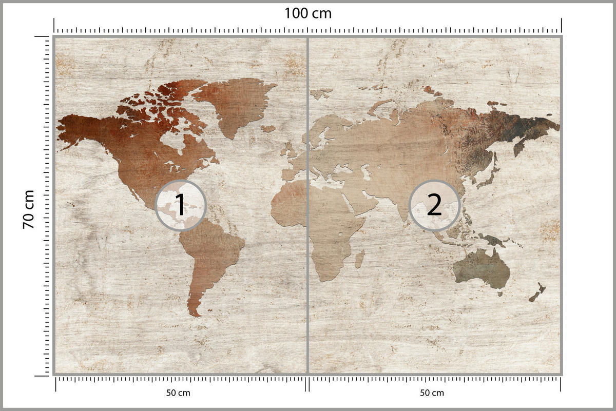 FOTOTAPETA Pre Obývaciu Izbu Vintage Mapa Drevené Pozadie Retro 100 x 70 cm - hnedá/béžová, papier (100/70cm) - Muralo