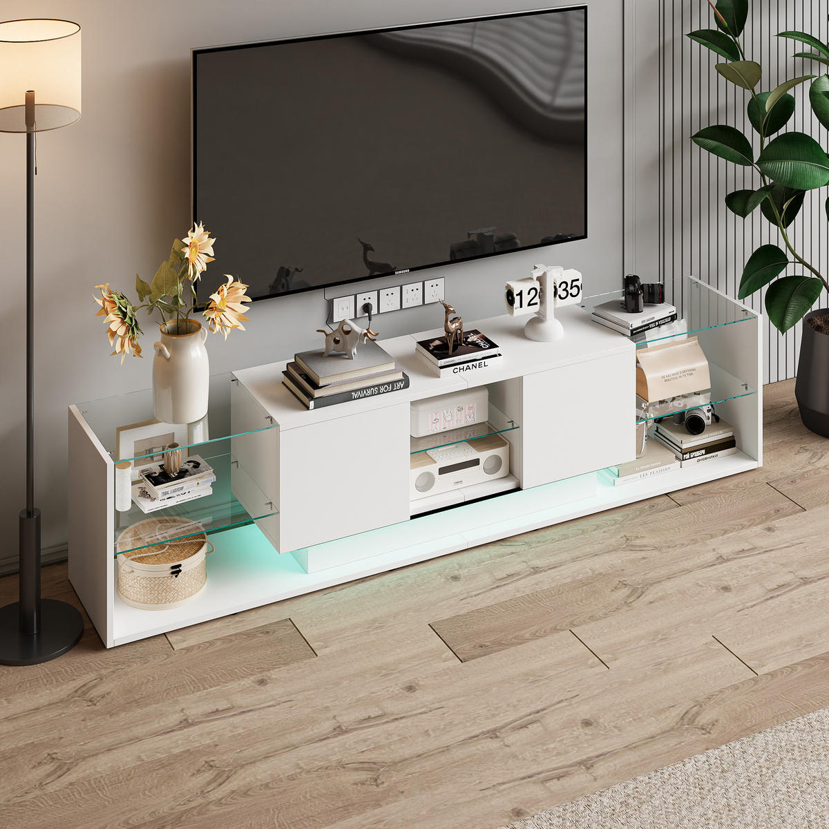 LED TV-LOWBOARD 200 cm– Modernes TV-Board mit Stauraum, Weiß - Weiß, Holz (35/45/200cm)