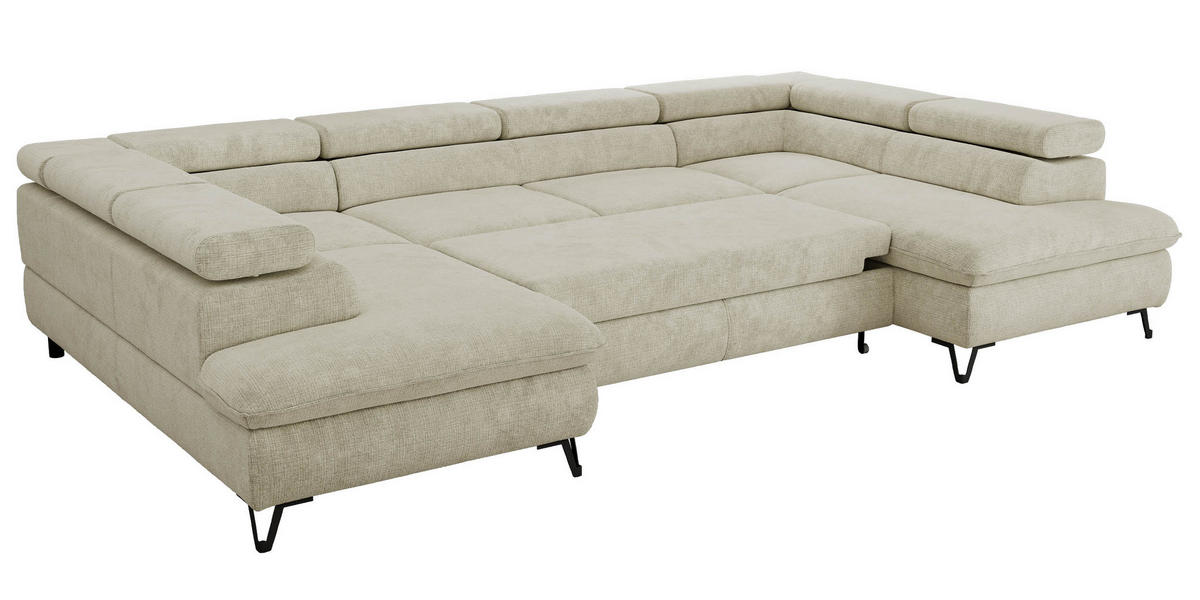 WOHNLANDSCHAFT PABLO U Schenille grob gewebt Creme mit Topper T25 - Creme/Schwarz, Textil/Metall (346/76/208cm) - MKS