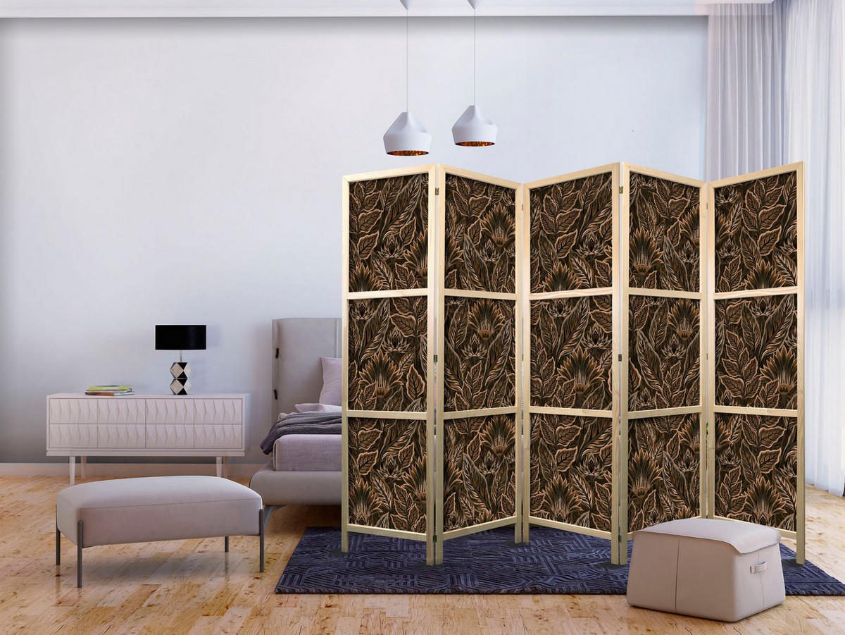 PARAVENT Japanischer 5-tlg 225x172 cm Braune Bl tter - Braun, Holz/Textil (225/172/3cm) - Muralo