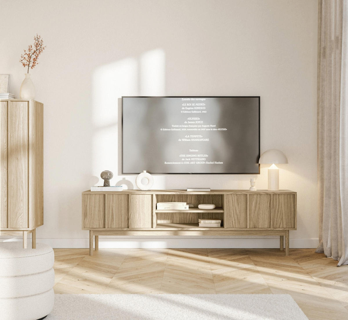 TV-LOWBOARD Neksto mit Holzlamellen und Eichenfüßen 175/50/40 cm - Beige, Holz/Holzwerkstoff (170/50/40cm) - Selsey