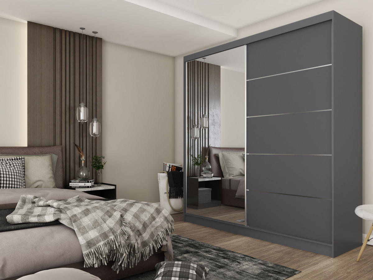 SCHWEBETÜRENSCHRANK MIRELLA 200/216/61 cm 2-türig mit Spiegel Grau - Grau, Holzwerkstoff (200/216/61cm) - MASSENO