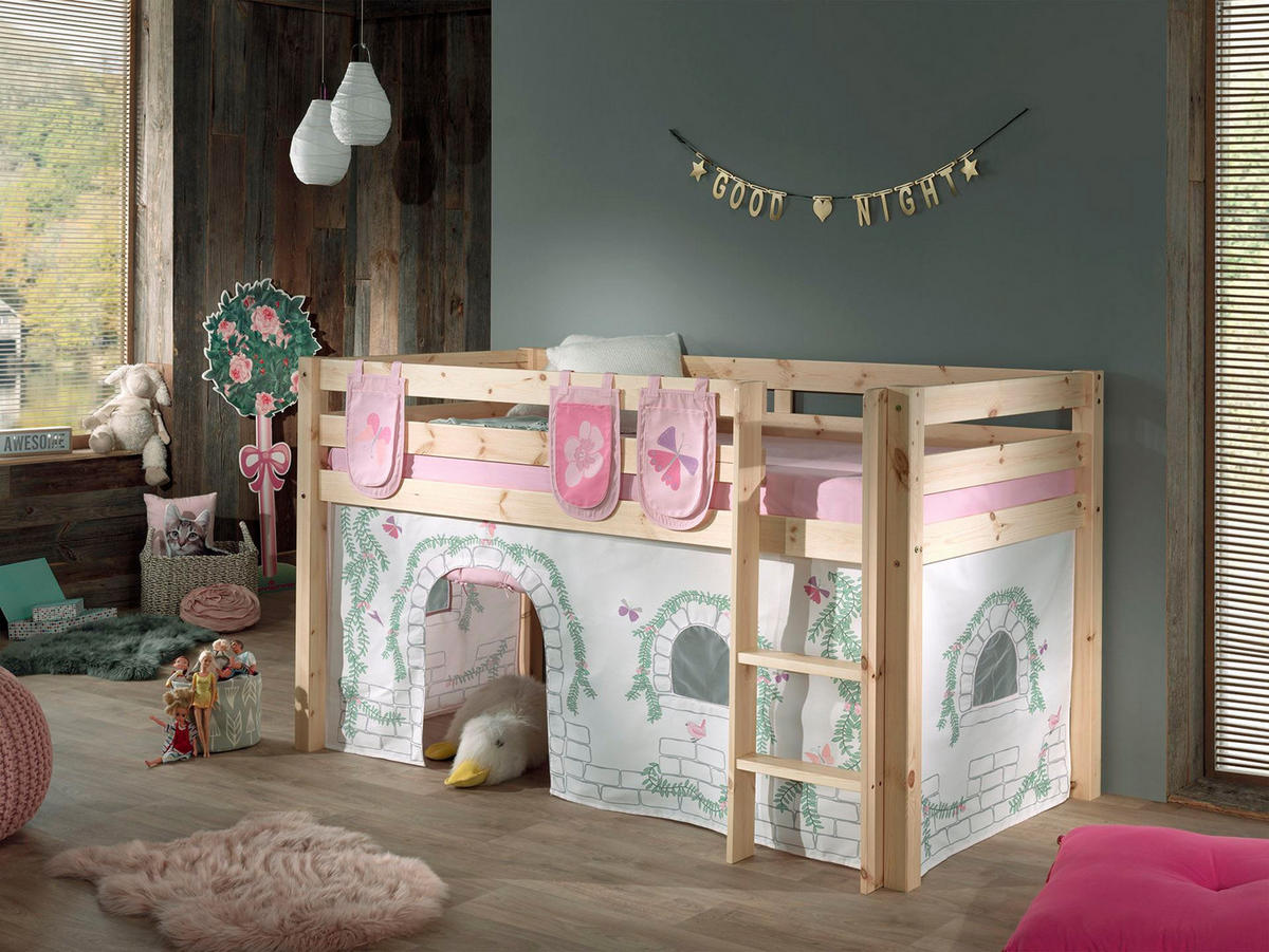 KINDERBETT Karolina 210x114x106 Massivholz Natur Textilset Burg 3 - Hellgrau/Kieferfarben, Holz (90/200cm) - 58aufmkessel