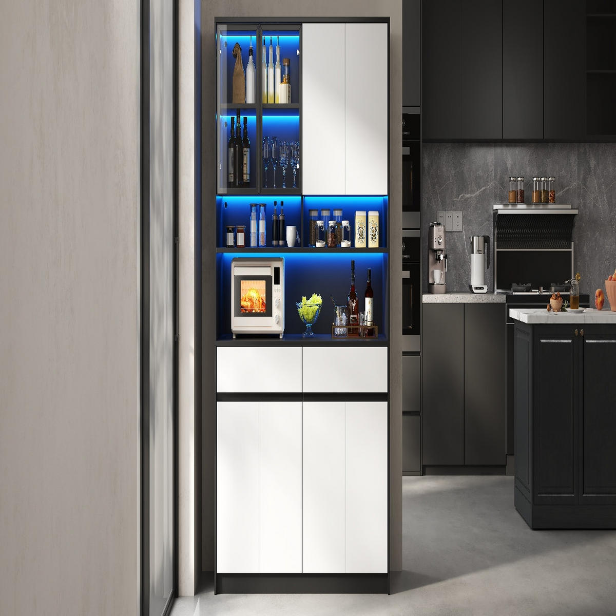 KÜCHENSCHRANK mit APP-GESTEUERTER LED-BELEUCHTUNG, Glasfach, MDF Schwarz-Weiß, Wohnzimmer Vorratsschrank, 120/160/38 cm - Schwarz, Kunststoff (38/160/120cm) - Rolipo