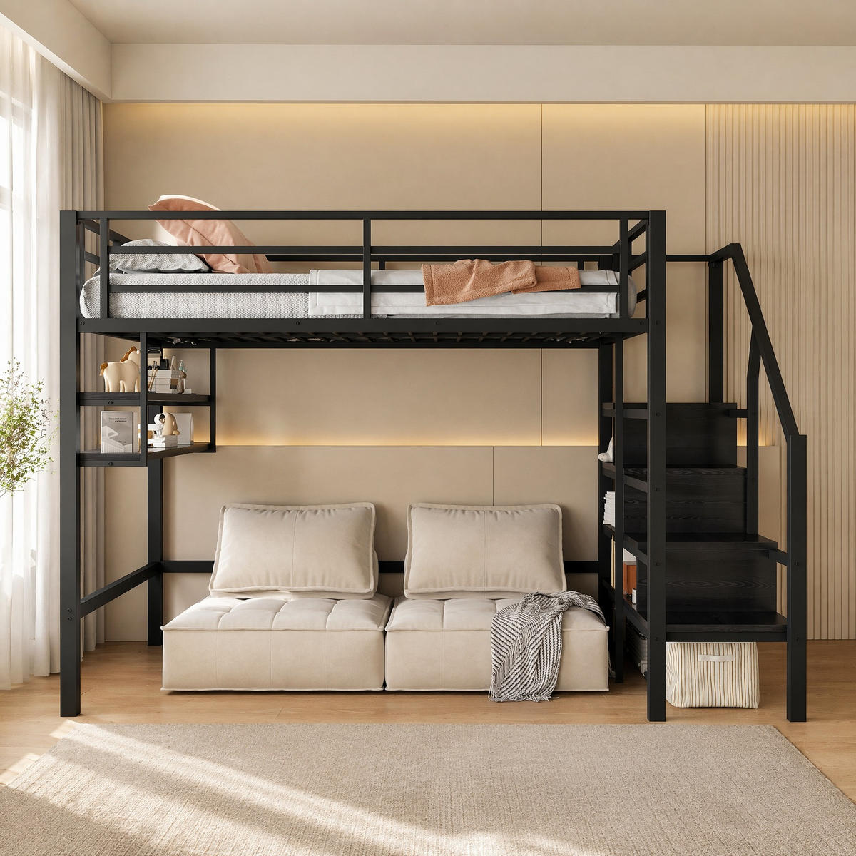HOCHBETT 140/200 mit Stauraumleiter und Regalen in Schwarz - Schwarz, Holz/Metall (140/200cm) - EVRYAE